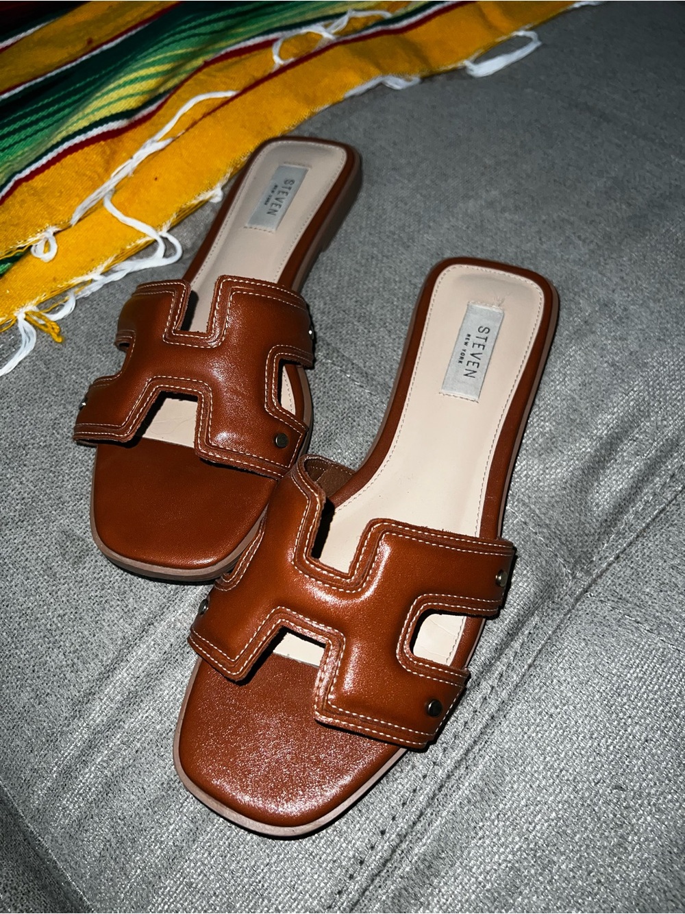 STEVEN by Steve Madden Cognac Brown Leather H-Strip Slide Mules